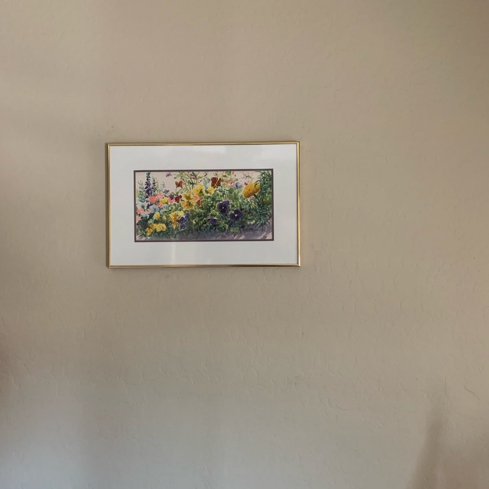 Vibrant Floral Watercolor Matted in Gold Frame and Signed By Artist 14” x 21” - Picture 9 of 10